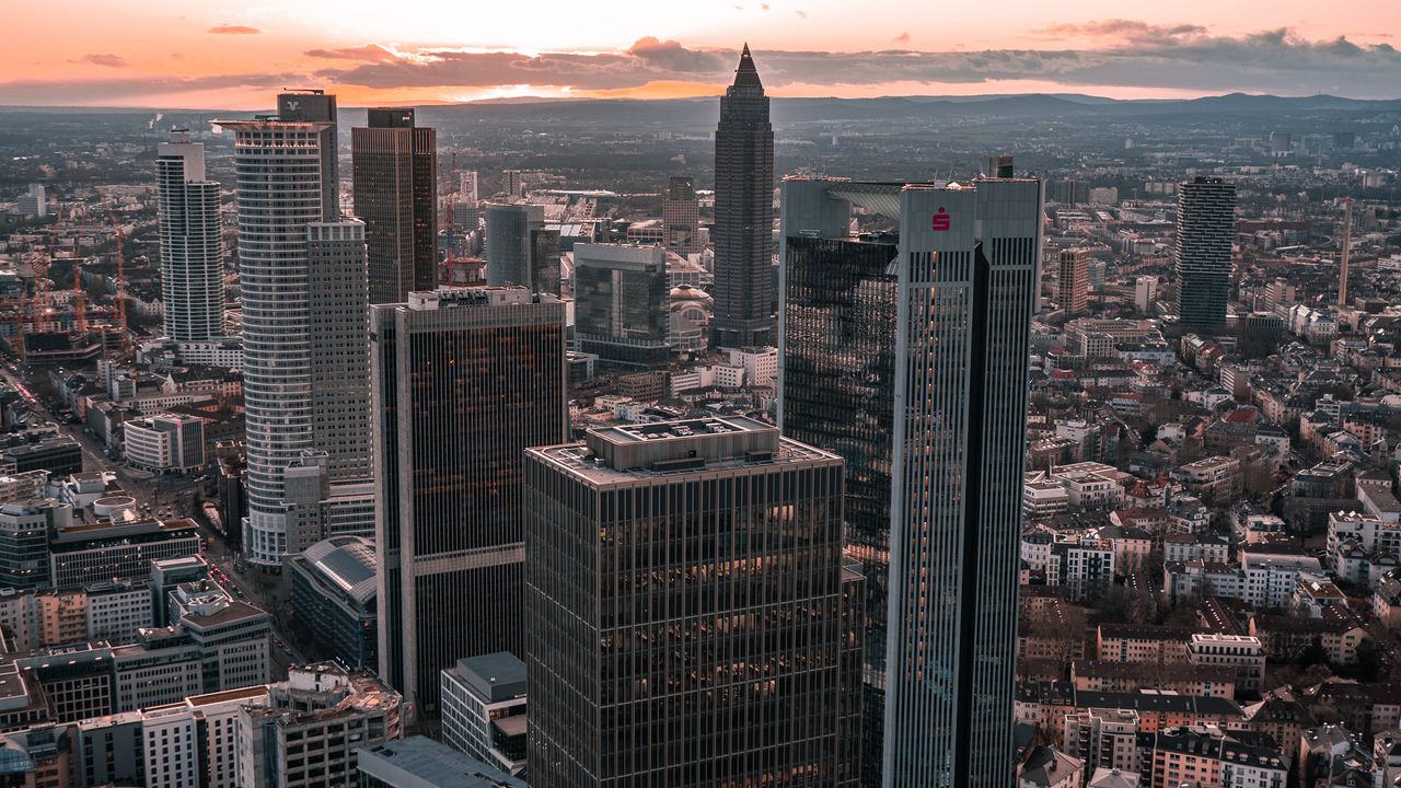 Wallpaper city, sunset, clouds, aerial view