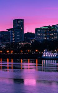 Preview wallpaper city, sunset, evening, river