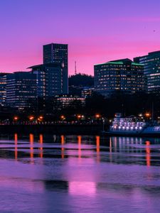 Preview wallpaper city, sunset, evening, river