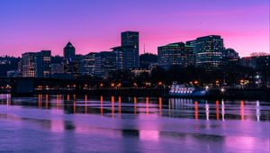 Preview wallpaper city, sunset, evening, river
