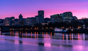 Preview wallpaper city, sunset, evening, river
