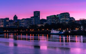 Preview wallpaper city, sunset, evening, river