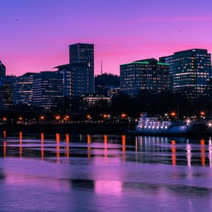Preview wallpaper city, sunset, evening, river