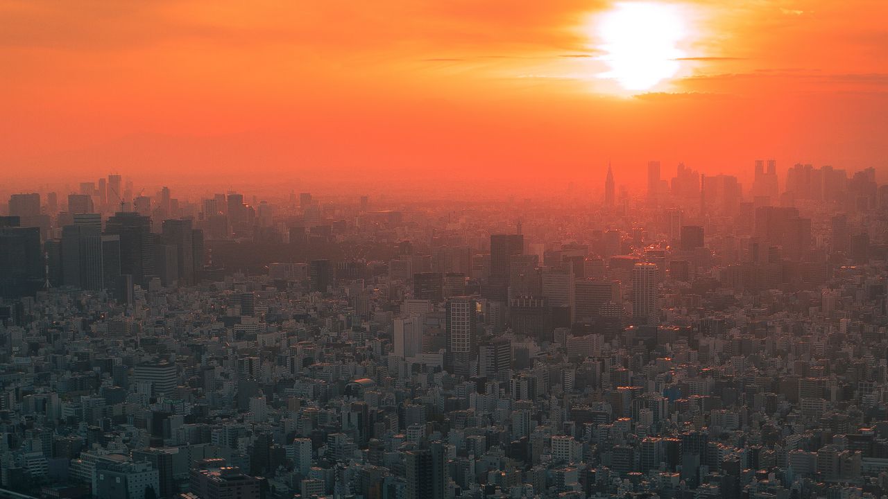 Wallpaper city, sunset, fog, aerial view, tokyo, japan