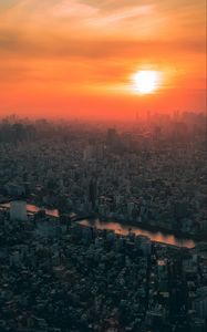 Preview wallpaper city, sunset, fog, aerial view, tokyo, japan