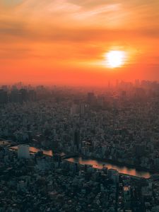 Preview wallpaper city, sunset, fog, aerial view, tokyo, japan