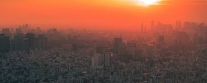 Preview wallpaper city, sunset, fog, aerial view, tokyo, japan