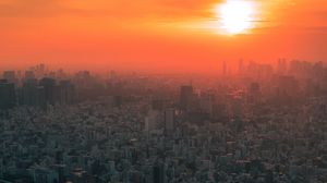 Preview wallpaper city, sunset, fog, aerial view, tokyo, japan