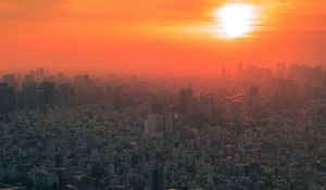 Preview wallpaper city, sunset, fog, aerial view, tokyo, japan