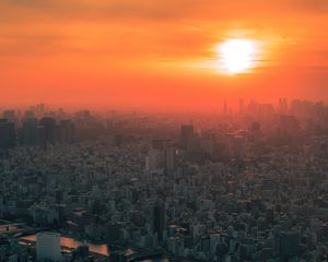 Preview wallpaper city, sunset, fog, aerial view, tokyo, japan