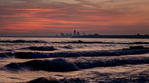 Preview wallpaper city, sunset, horizon, sea, sky
