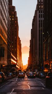 Preview wallpaper city, sunset, new york, buildings, cars