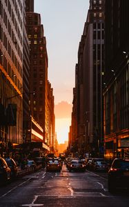 Preview wallpaper city, sunset, new york, buildings, cars