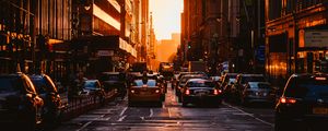 Preview wallpaper city, sunset, new york, buildings, cars