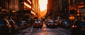 Preview wallpaper city, sunset, new york, buildings, cars