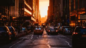 Preview wallpaper city, sunset, new york, buildings, cars