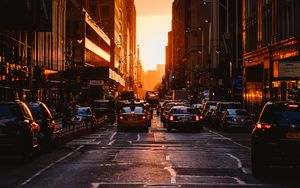 Preview wallpaper city, sunset, new york, buildings, cars