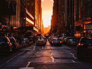 Preview wallpaper city, sunset, new york, buildings, cars