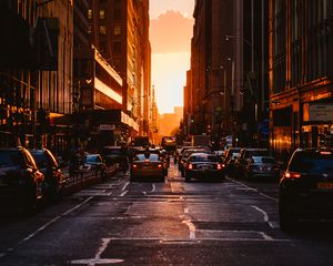 Preview wallpaper city, sunset, new york, buildings, cars