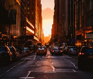 Preview wallpaper city, sunset, new york, buildings, cars