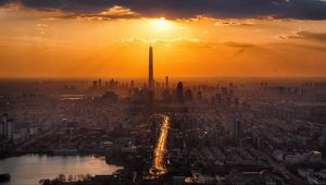 Preview wallpaper city, sunset, skyscrapers, tianjin, china