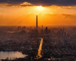 Preview wallpaper city, sunset, skyscrapers, tianjin, china