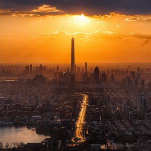 Preview wallpaper city, sunset, skyscrapers, tianjin, china