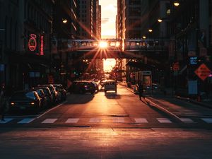 Preview wallpaper city, sunset, street, buildings