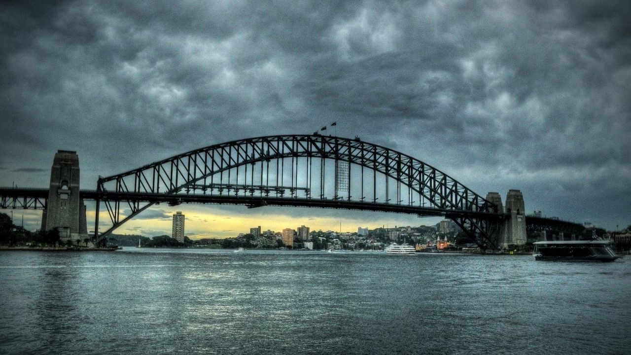 Wallpaper city, sydney, australia, bridge, river, sky, clouds