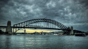Preview wallpaper city, sydney, australia, bridge, river, sky, clouds