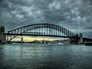 Preview wallpaper city, sydney, australia, bridge, river, sky, clouds