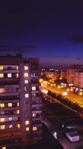 Preview wallpaper city, top view, city lights, night, light, road, building