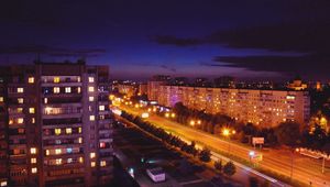 Preview wallpaper city, top view, city lights, night, light, road, building