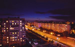 Preview wallpaper city, top view, city lights, night, light, road, building