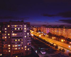 Preview wallpaper city, top view, city lights, night, light, road, building