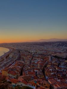 Preview wallpaper city, top view, sunset, sea, buildings