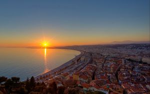 Preview wallpaper city, top view, sunset, sea, buildings