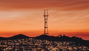 Preview wallpaper city, tower, buildings, lights, sunset