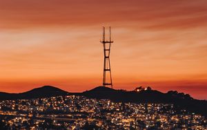 Preview wallpaper city, tower, buildings, lights, sunset