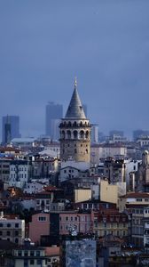 Preview wallpaper city, tower, buildings, aerial view, twilight