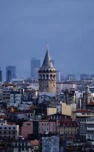 Preview wallpaper city, tower, buildings, aerial view, twilight