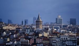 Preview wallpaper city, tower, buildings, aerial view, twilight