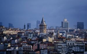 Preview wallpaper city, tower, buildings, aerial view, twilight