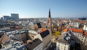 Preview wallpaper city, tower, buildings, architecture, aerial view