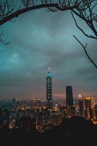 Preview wallpaper city, tower, cityscape, evening, lights, thunderclouds