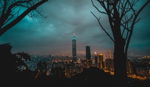 Preview wallpaper city, tower, cityscape, evening, lights, thunderclouds