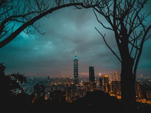 Preview wallpaper city, tower, cityscape, evening, lights, thunderclouds