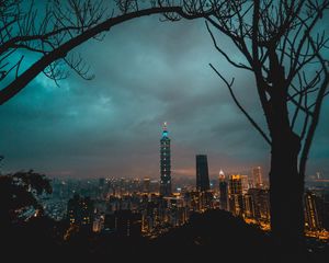 Preview wallpaper city, tower, cityscape, evening, lights, thunderclouds