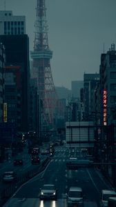 Preview wallpaper city, tower, road, cars