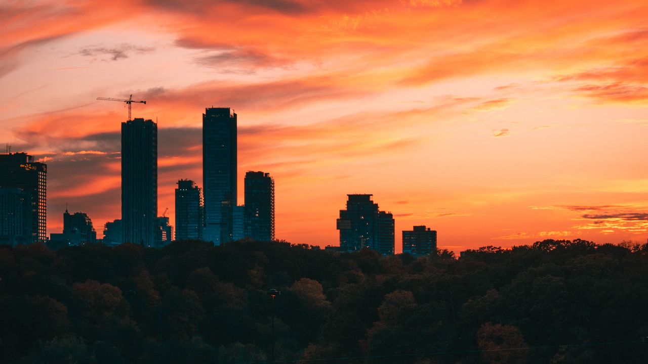 Wallpaper city, tower, sunset, road, trees